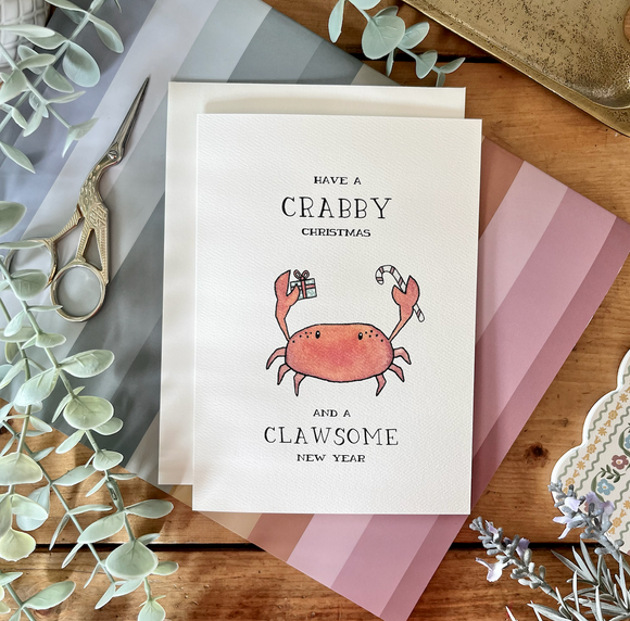 Holiday - Crabby Christmas and a Clawsome New Year – Watercolour Holiday Crab Card