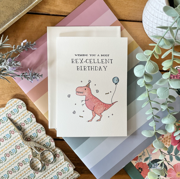 Birthday – Punny “Rex-cellent Birthday” Dino Greeting Card